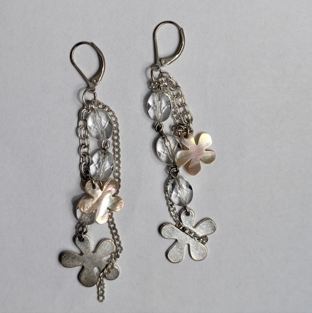 Cluster Abalone Crystal Silver Dangle Earrings